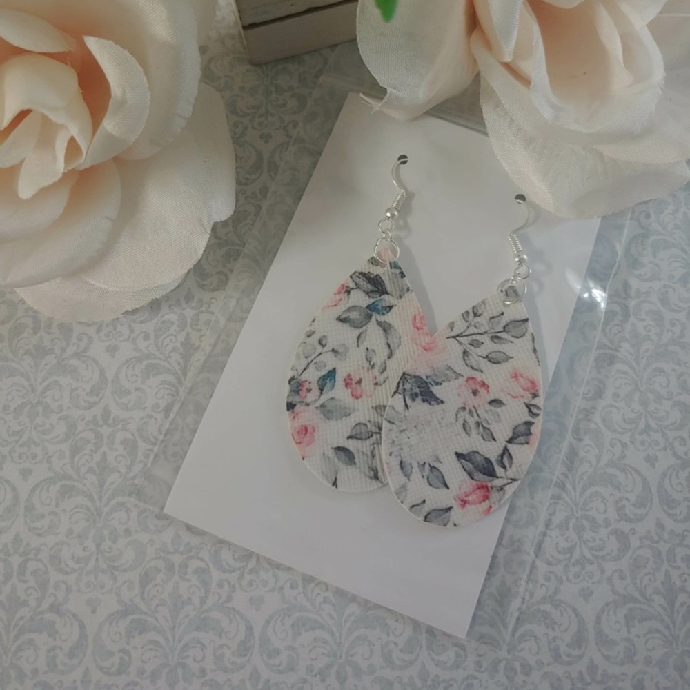 Floral Faux Leather Teardrop Dangle Earrings